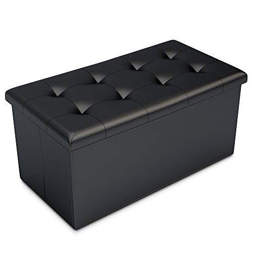 Black Faux Leather Ottoman Storage Bench -Great as a Double Seat or a Footstool, Coffee Table, Kids Toy Chest Trunk, Pouffe Living Room Furniture – Space Saving Organizer Solution