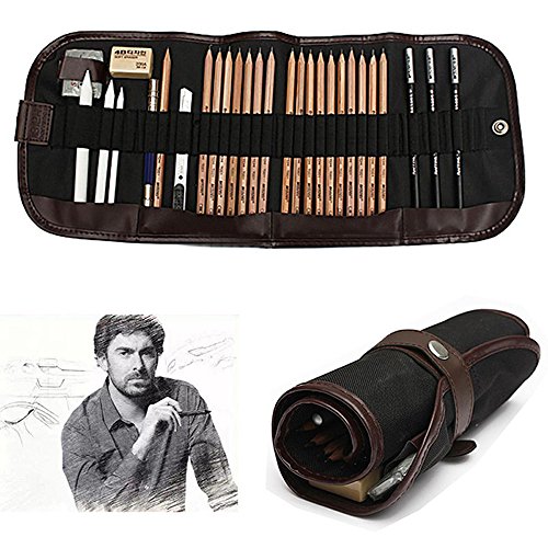 KOBWA Professional Sketch Drawing Kit, 18 Pieces Art Set of Charcoal Sketching Pencils, Erasers, Paper Pens, Pencil Extenter, Craft Knief & Canvas Pouch for Kids Adults Artists