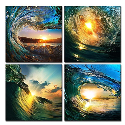 Natural art Sunrise in Sea Wave Art, Ocean View Painting, Print on Canvas, Wall Decoration, Wrapped with Wooden Frame, Easy to Hang